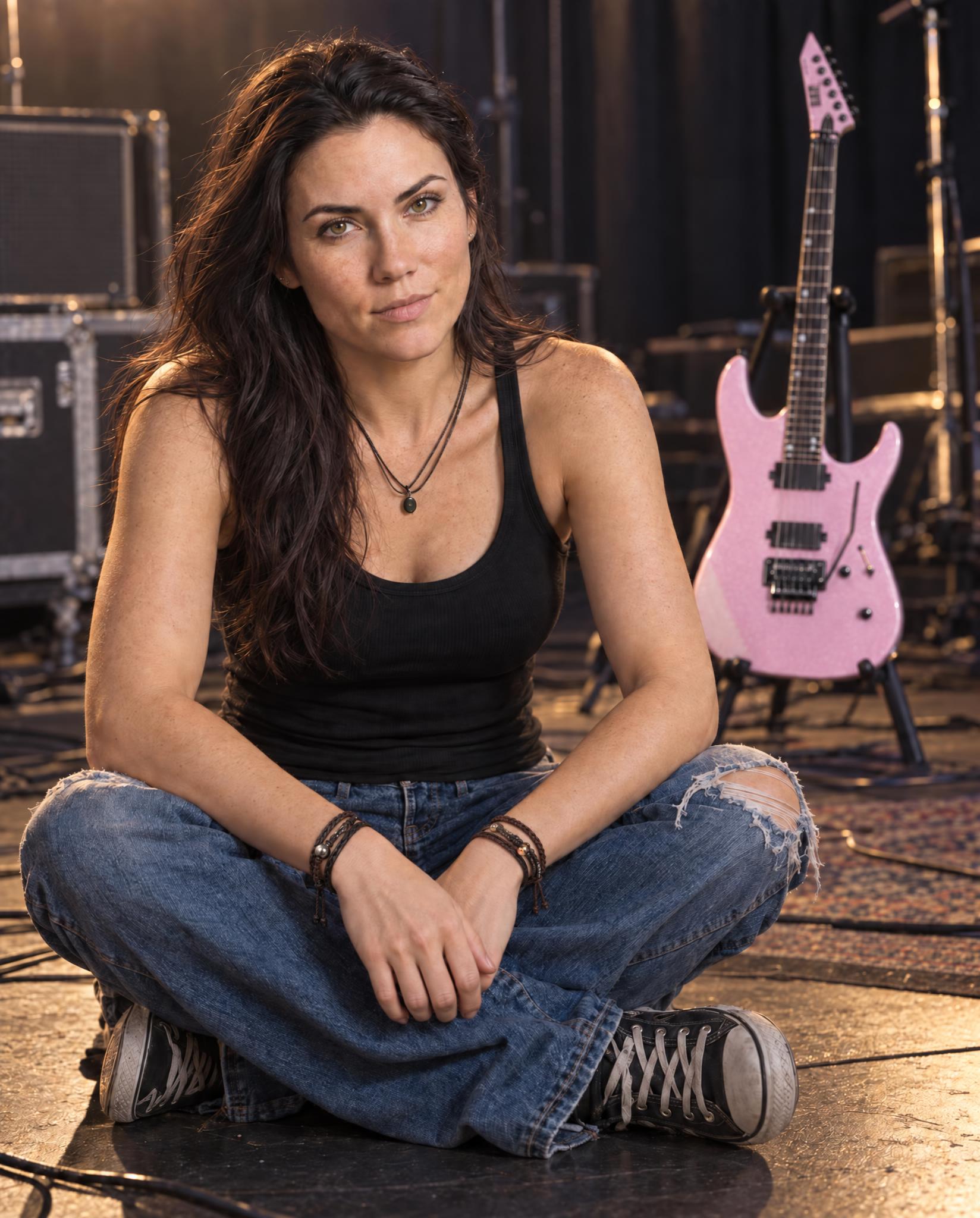 Kendra Whitaker seated in a rehearsal space beside her guitar