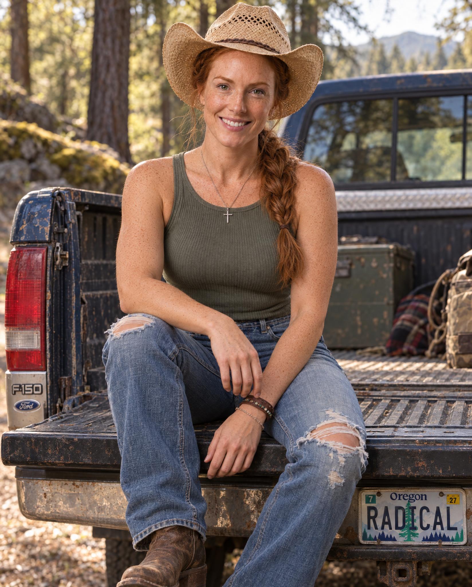 Madison Connelly smiling on the tailgate of a pickup in Oregon